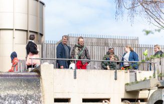 Voksne står ovenpå E&V's springvand